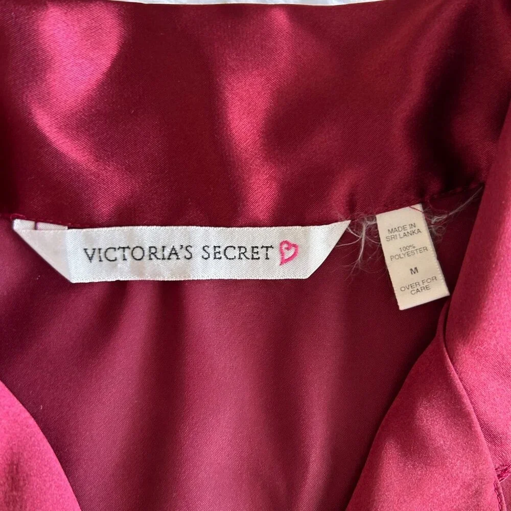 Victoria's Secret Y2K Burgundy Red Satin Nightgown Sleep Shirt Button Down - Med